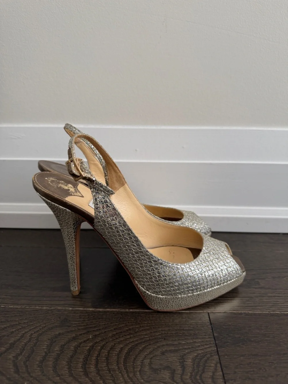 Jimmy Choo silver/gold peeptoe slingback 37 - Picture 3 of 6